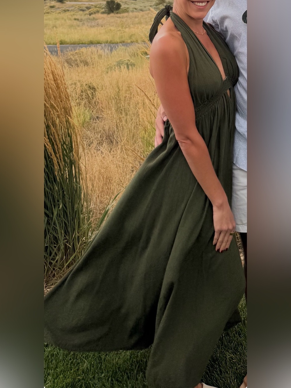 Olive Halter Maxi Dress - Sleeveless Tie Neck